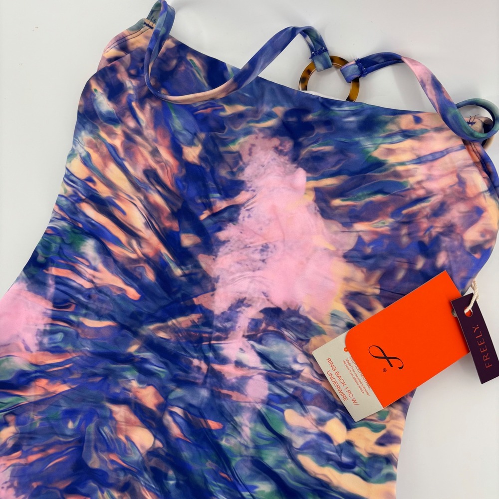 Freely One Piece Swimsuit Womens Small Blue Multi NWT RingBack Underwire Tie Dye